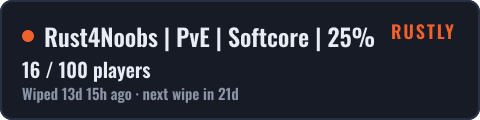 Rust4Noobs | PvE | Softcore | 25% Upkeep | Monthly | No BP Wipe — live status badge