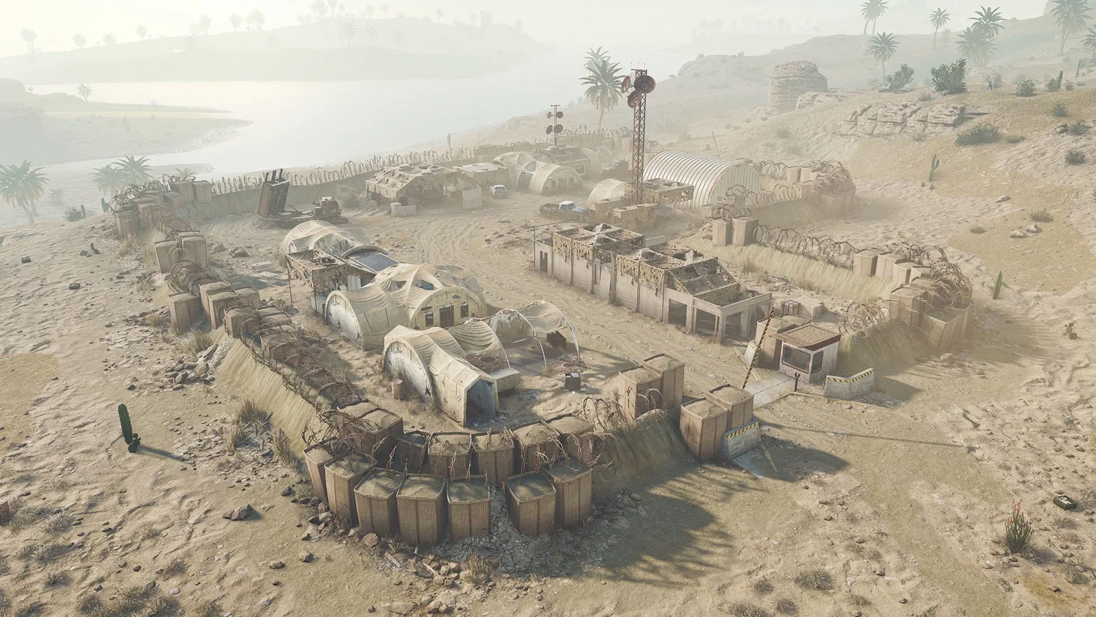 Aerial view of the Abandoned Military Base assembled from modules in the desert