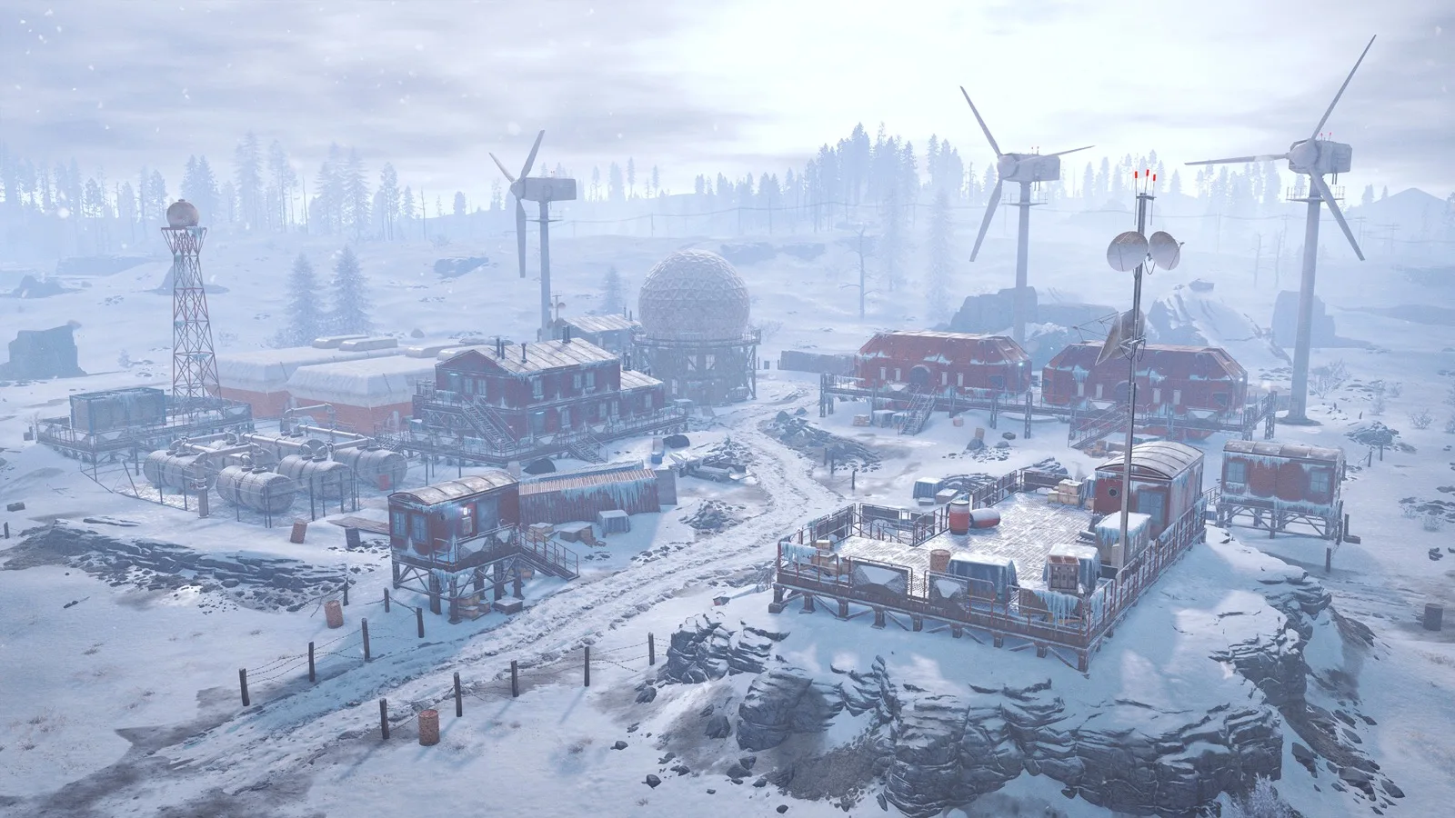 Arctic Research Base under snow, wind turbines turning above the radome