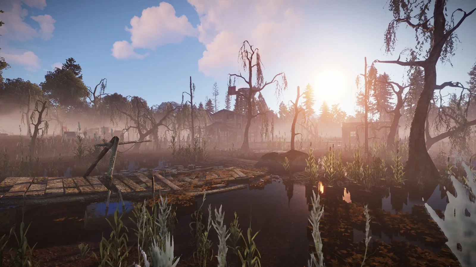 Bandit Camp's wooden shacks rising out of the swamp at sunrise