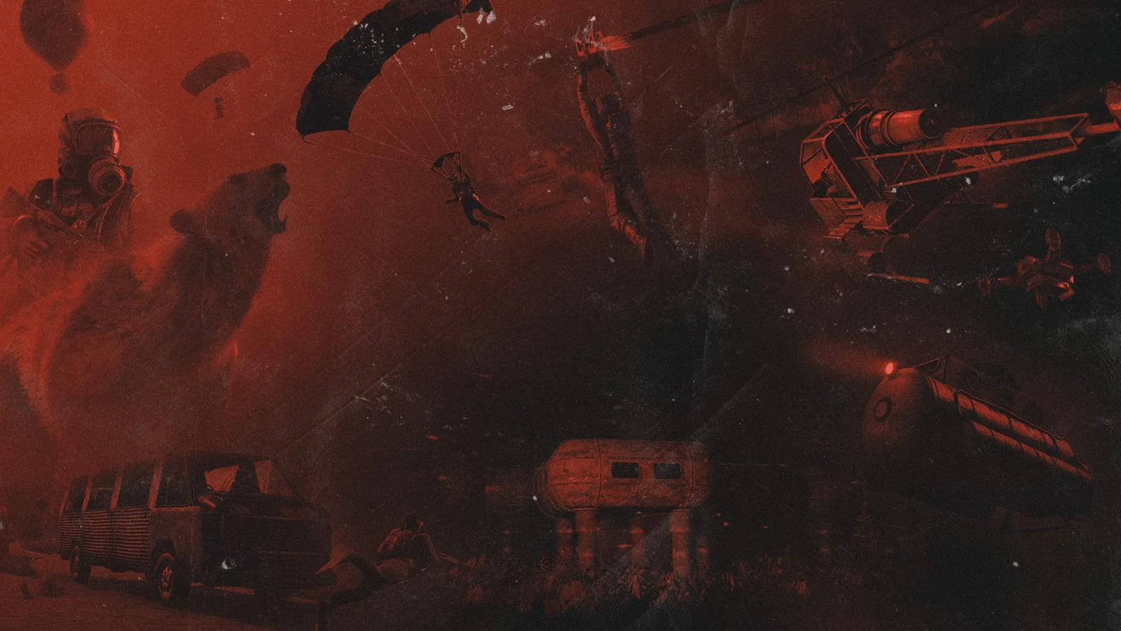 Rust anniversary artwork collaging bears, parachutes, helicopters and vehicles
