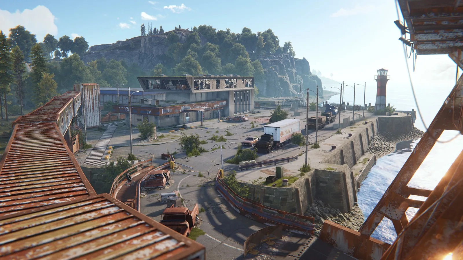 Ferry Terminal's docks, terminal building and lighthouse on the coast
