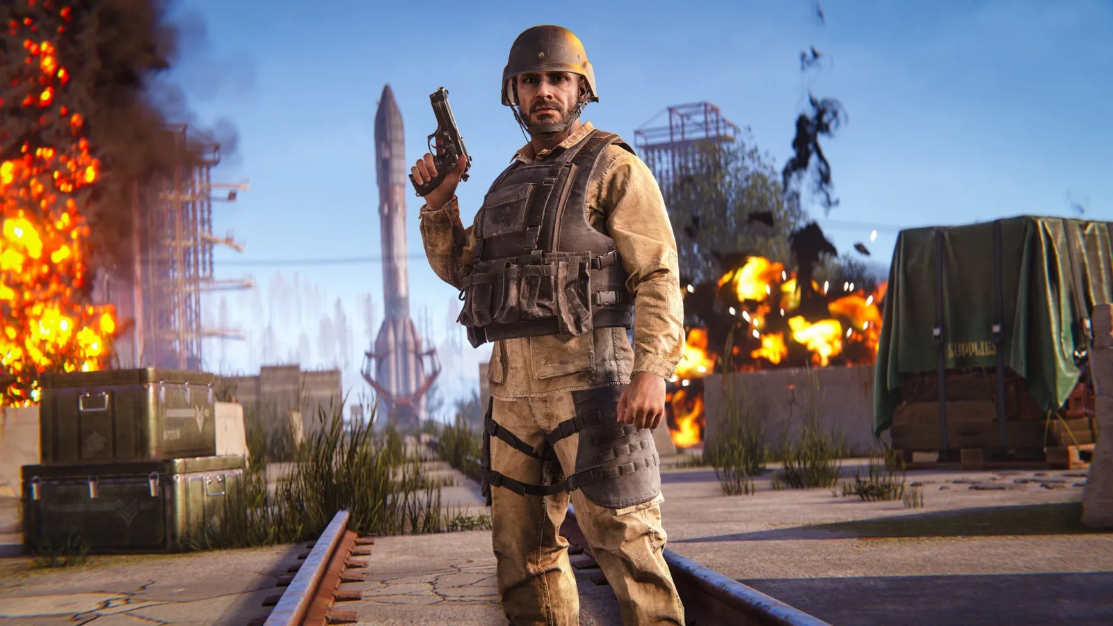 A player in helmet and tactical body armor at Launch Site