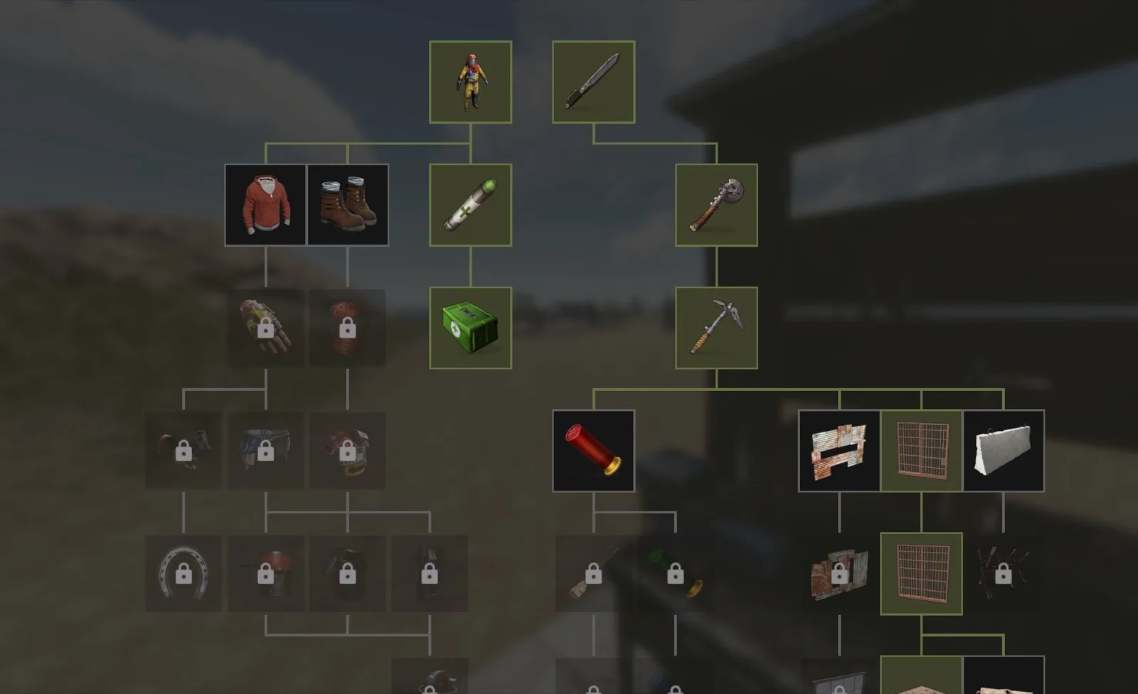 The workbench tech tree interface showing item unlocks