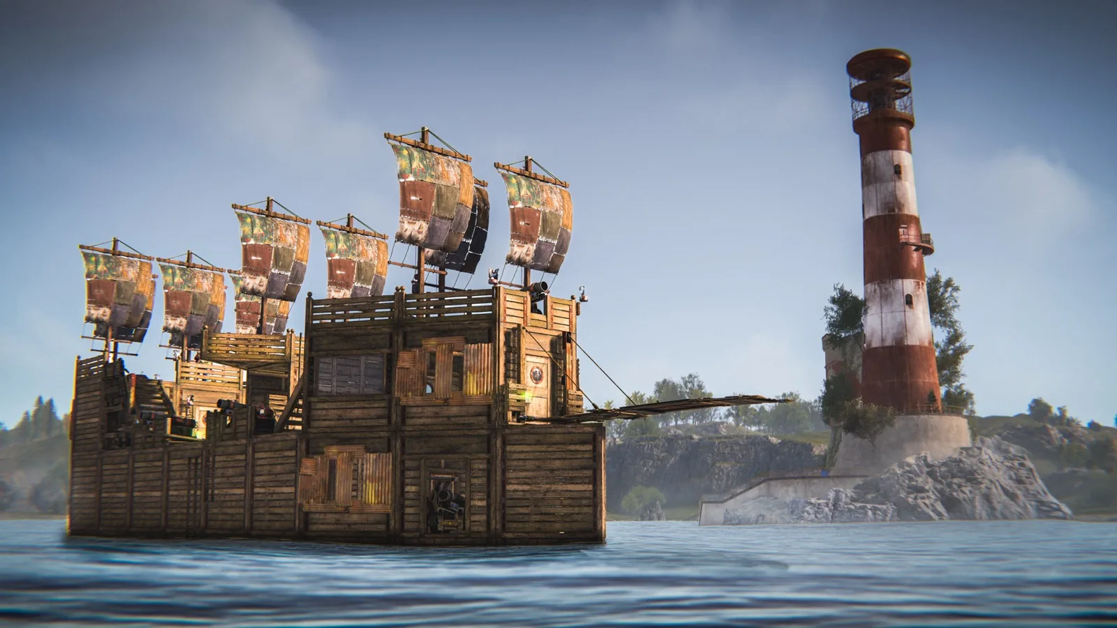 A player-built galleon under sail passing a lighthouse