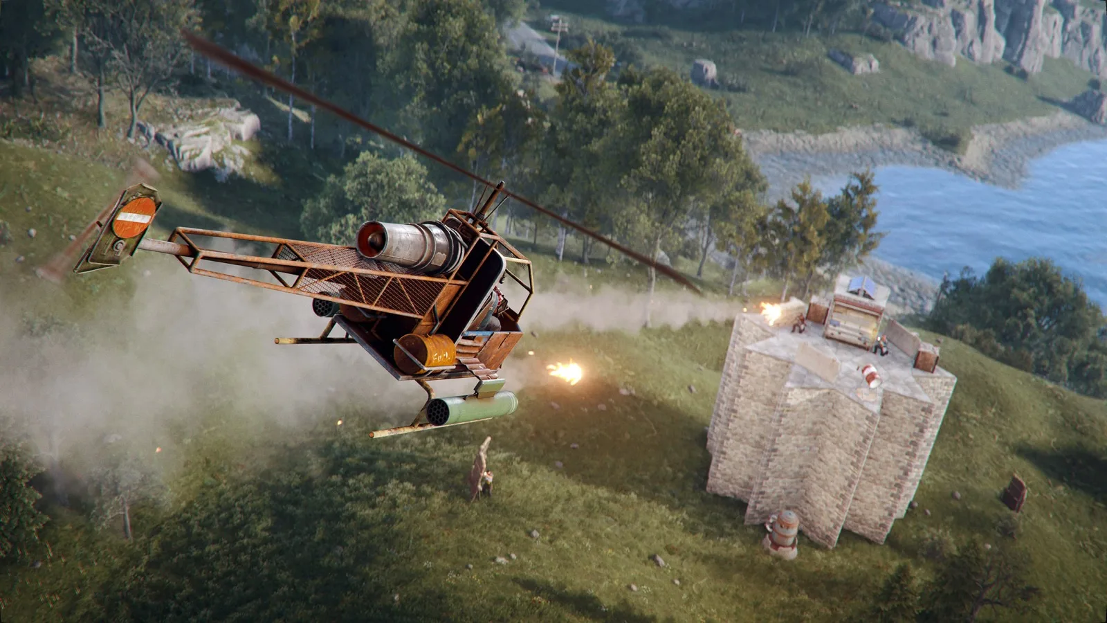 An attack helicopter banking in flight and firing rockets