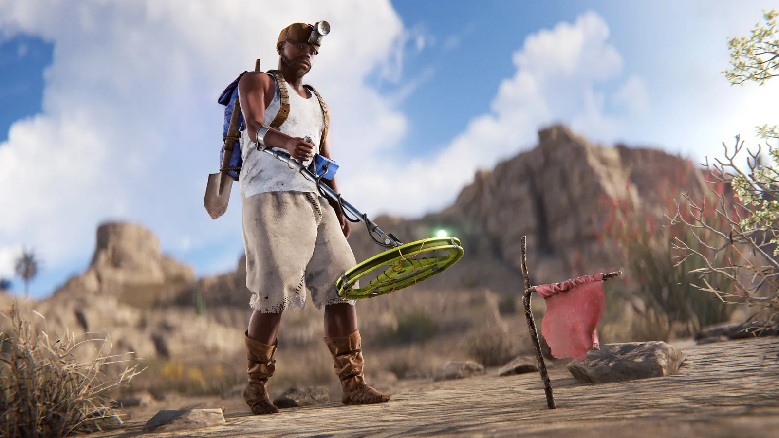 A player holding a metal detector beside a planted dig flag