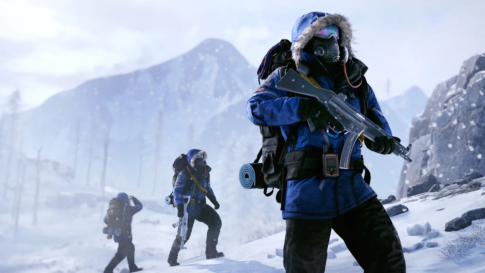 Players in blue Arctic hazmat suits crossing a snowfield