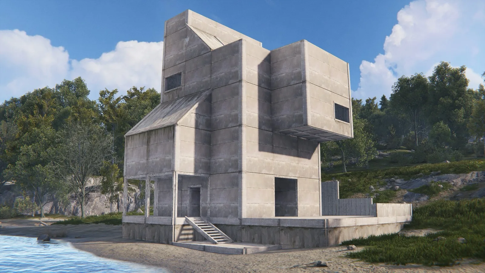 A multi-storey player base built with the brutalist building skin