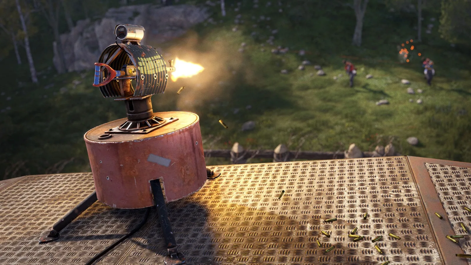 An auto turret firing from a base roof at approaching players
