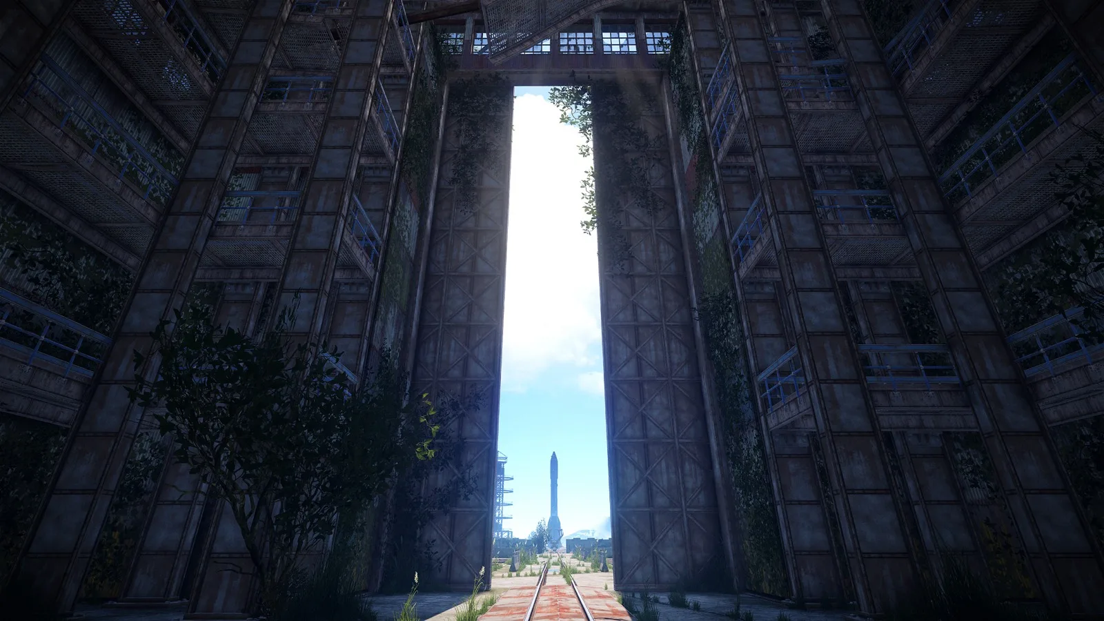 The vehicle assembly building at Launch Site with the rocket on its pad