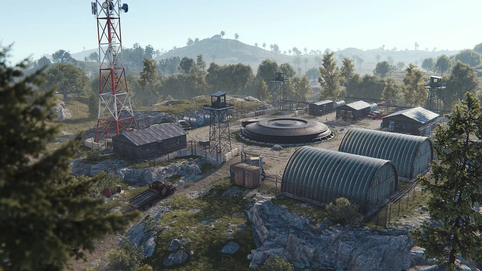 Aerial view of the Missile Silo compound with its radio tower