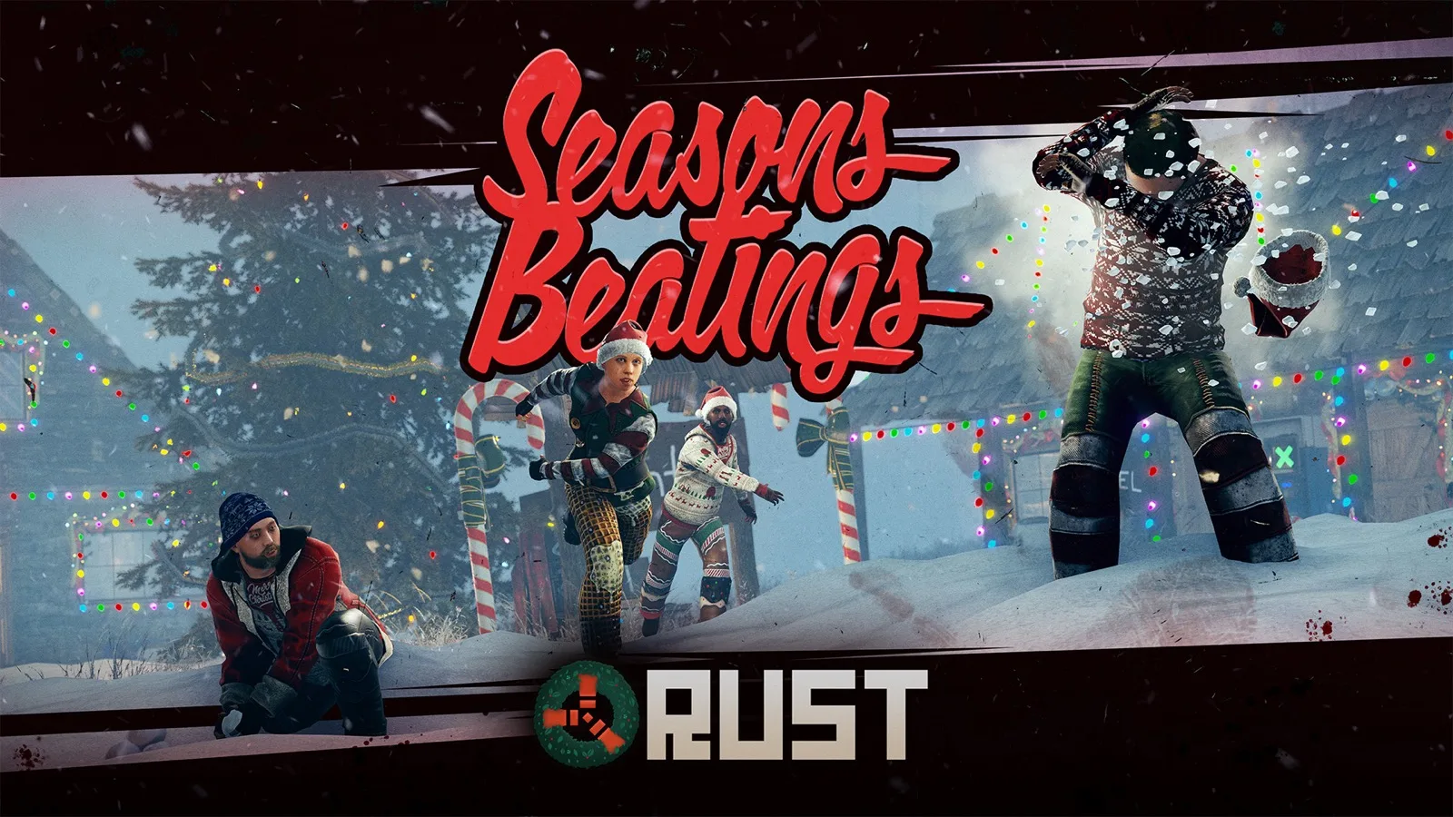 Rust Christmas event: players in festive gear around presents and a decorated tree