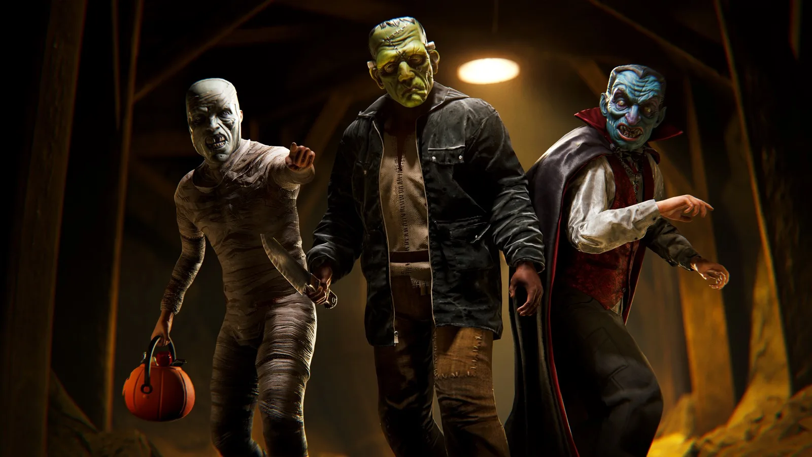 Rust Halloween event: jack o'lantern-lit night scene with costumed players