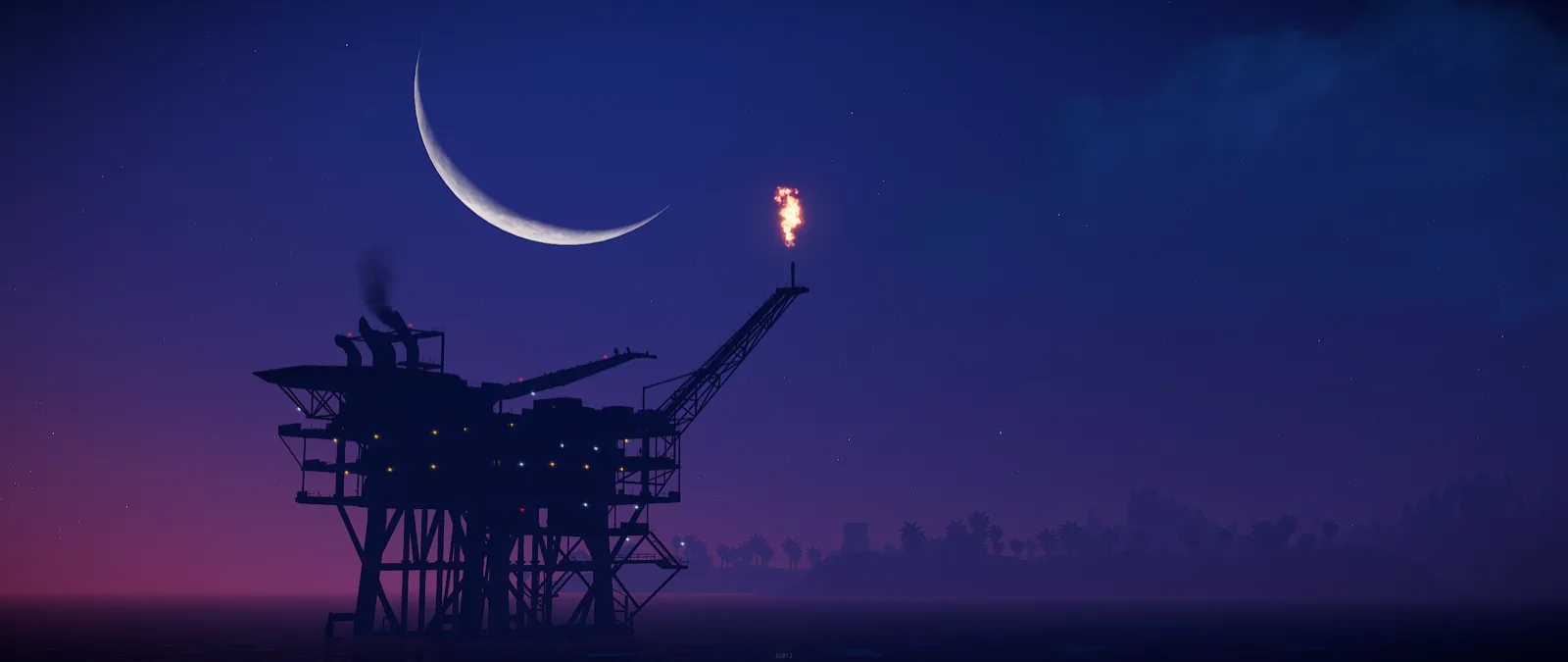 Small Oil Rig silhouetted at night with its gas flare burning