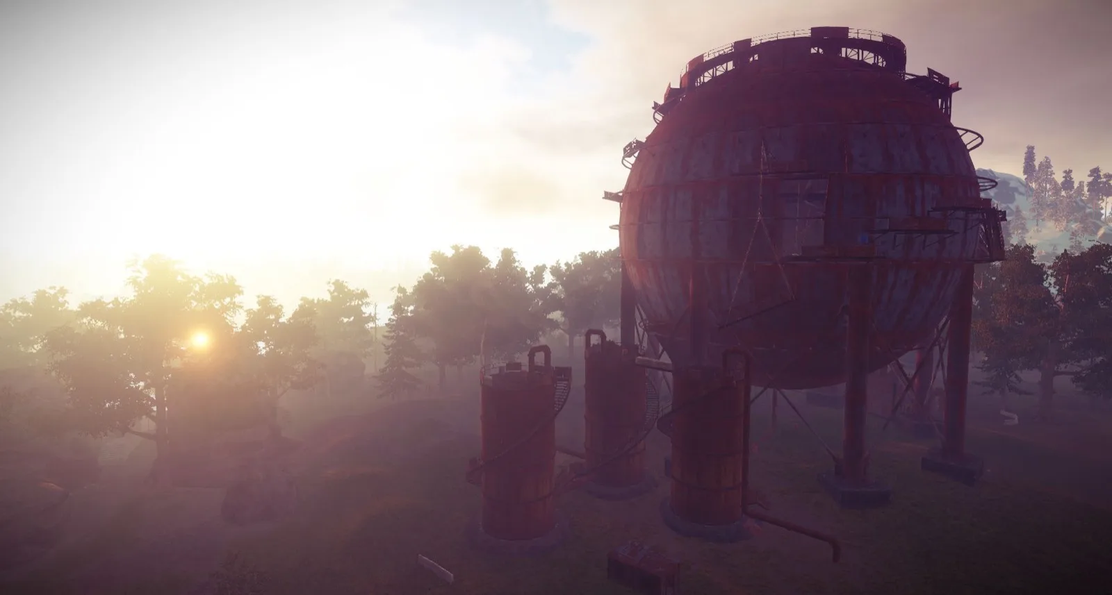 The Dome's rusted sphere tank rising above the treeline