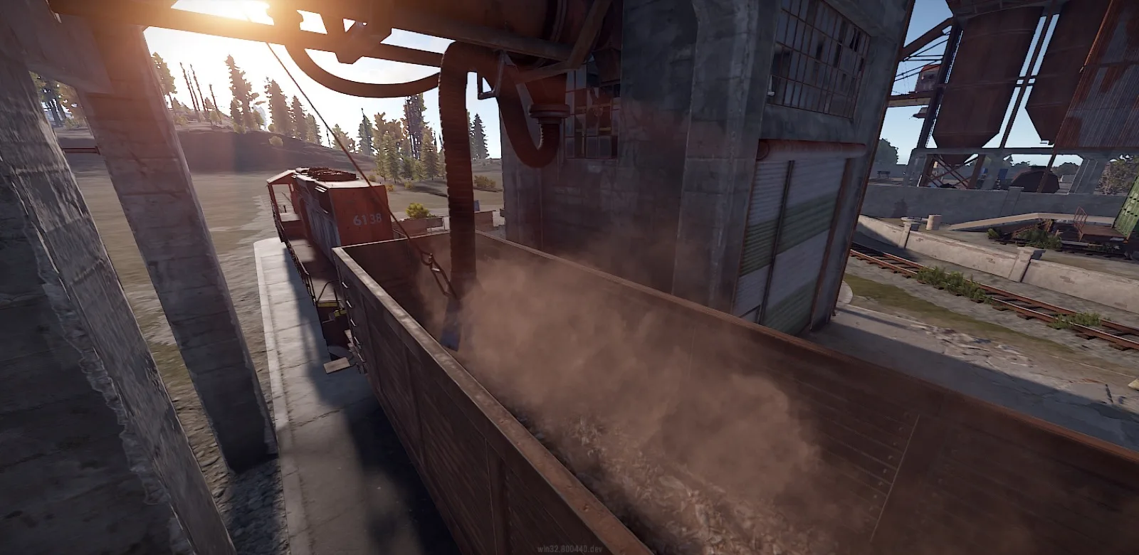 A loot wagon being unloaded at the Train Yard coaling tower