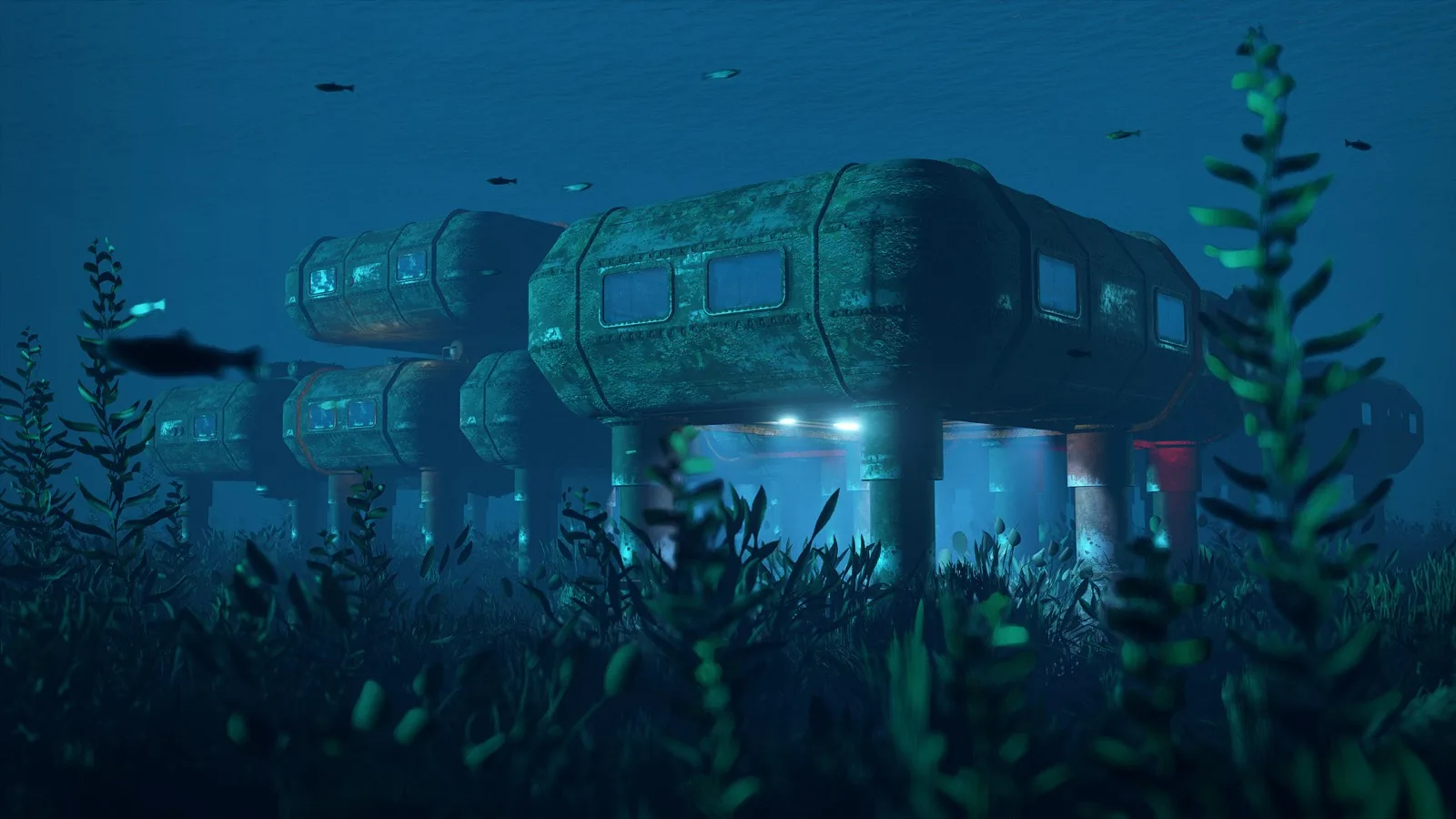 An Underwater Lab complex standing on the sea floor among kelp and fish