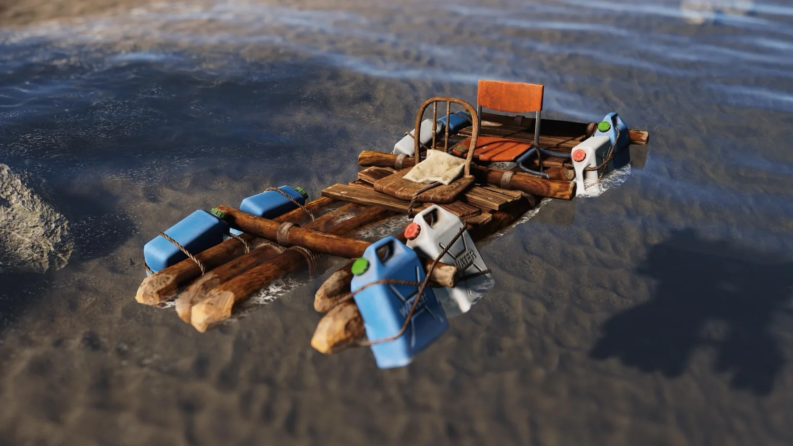 The improvised kayak floating in shallow water