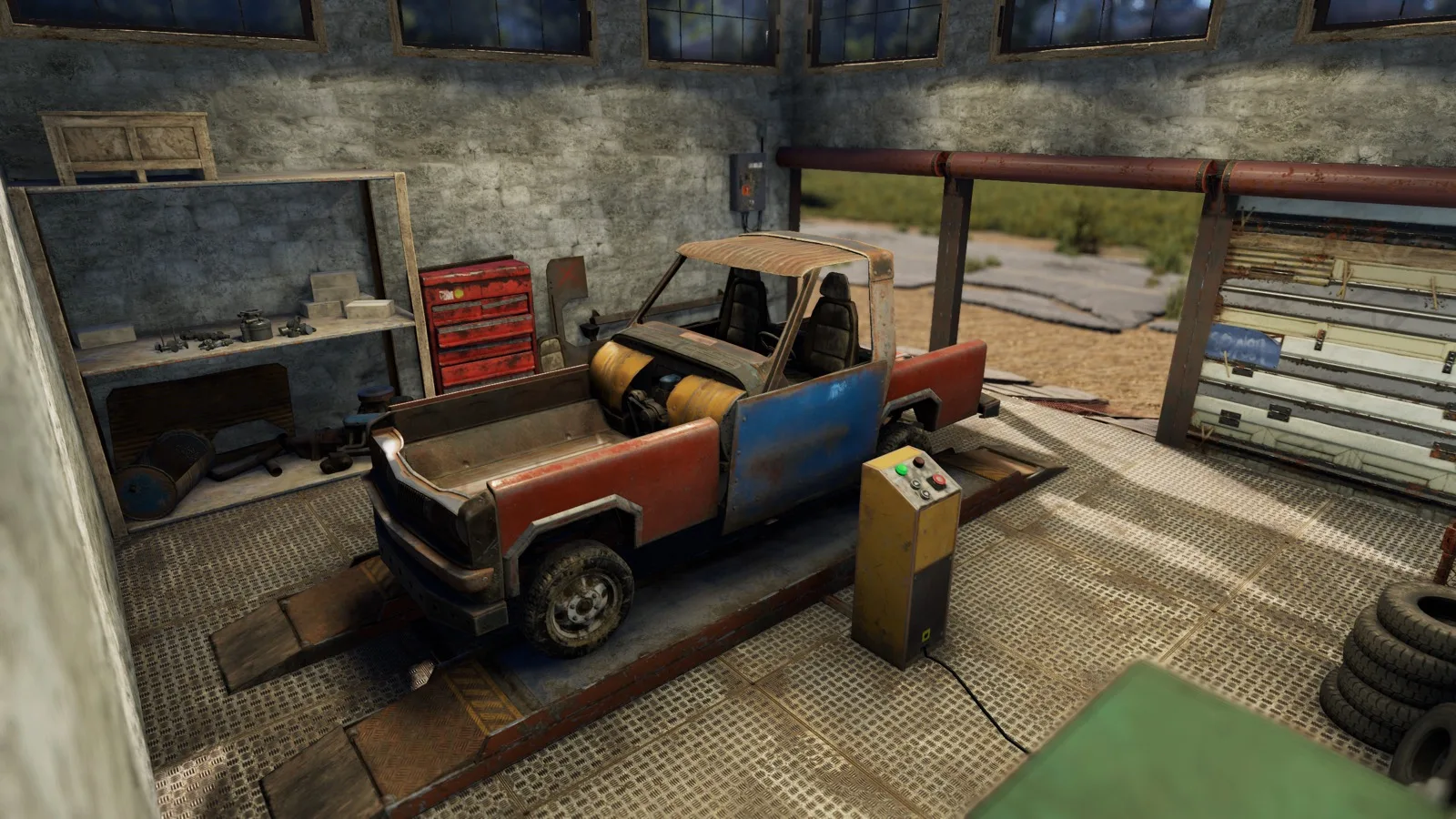 A modular car raised on a vehicle lift in a garage