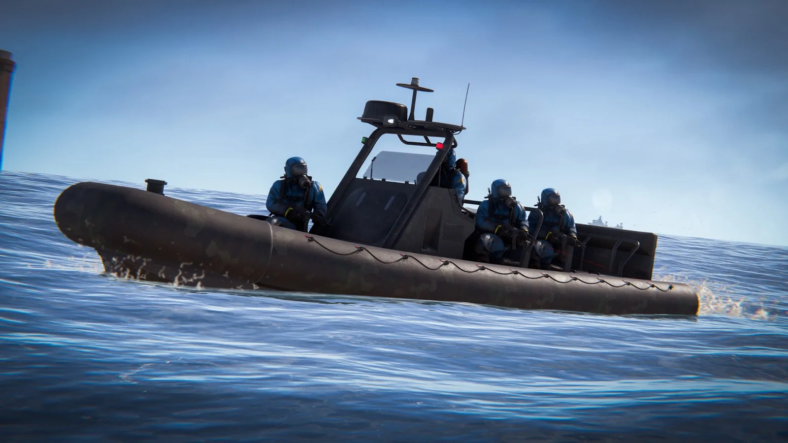 A RHIB at speed on open water crewed by scientists