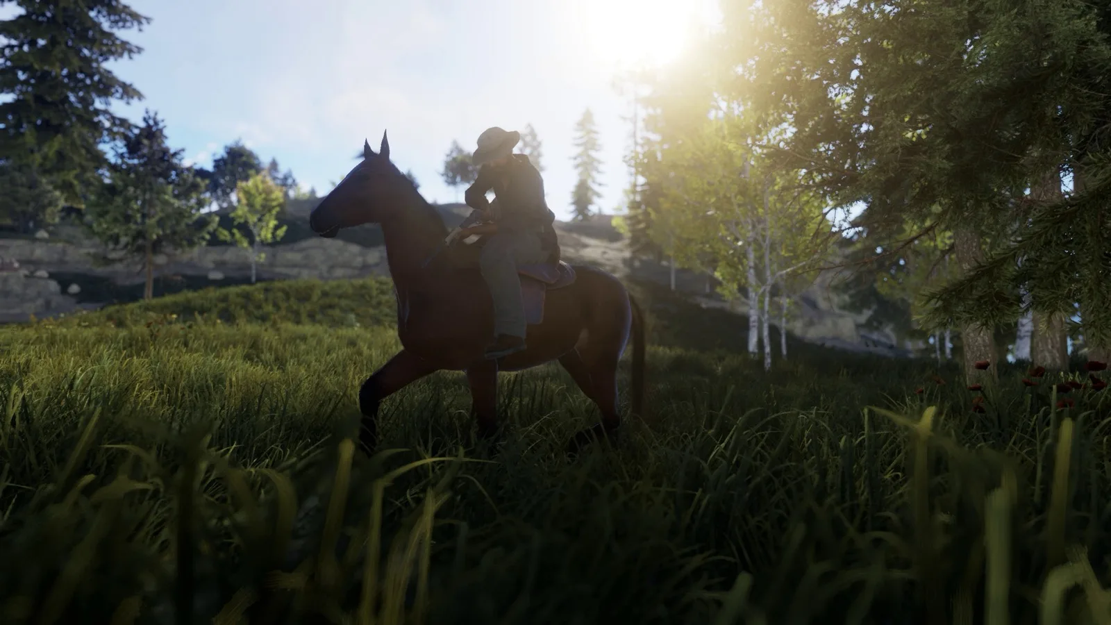 A player riding a saddled horse through forest