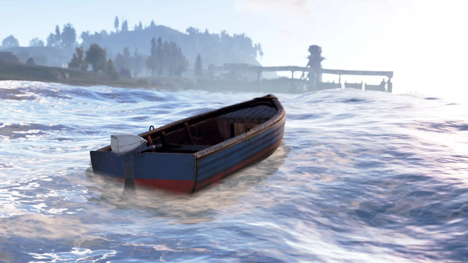 A rowboat with an outboard motor floating just offshore