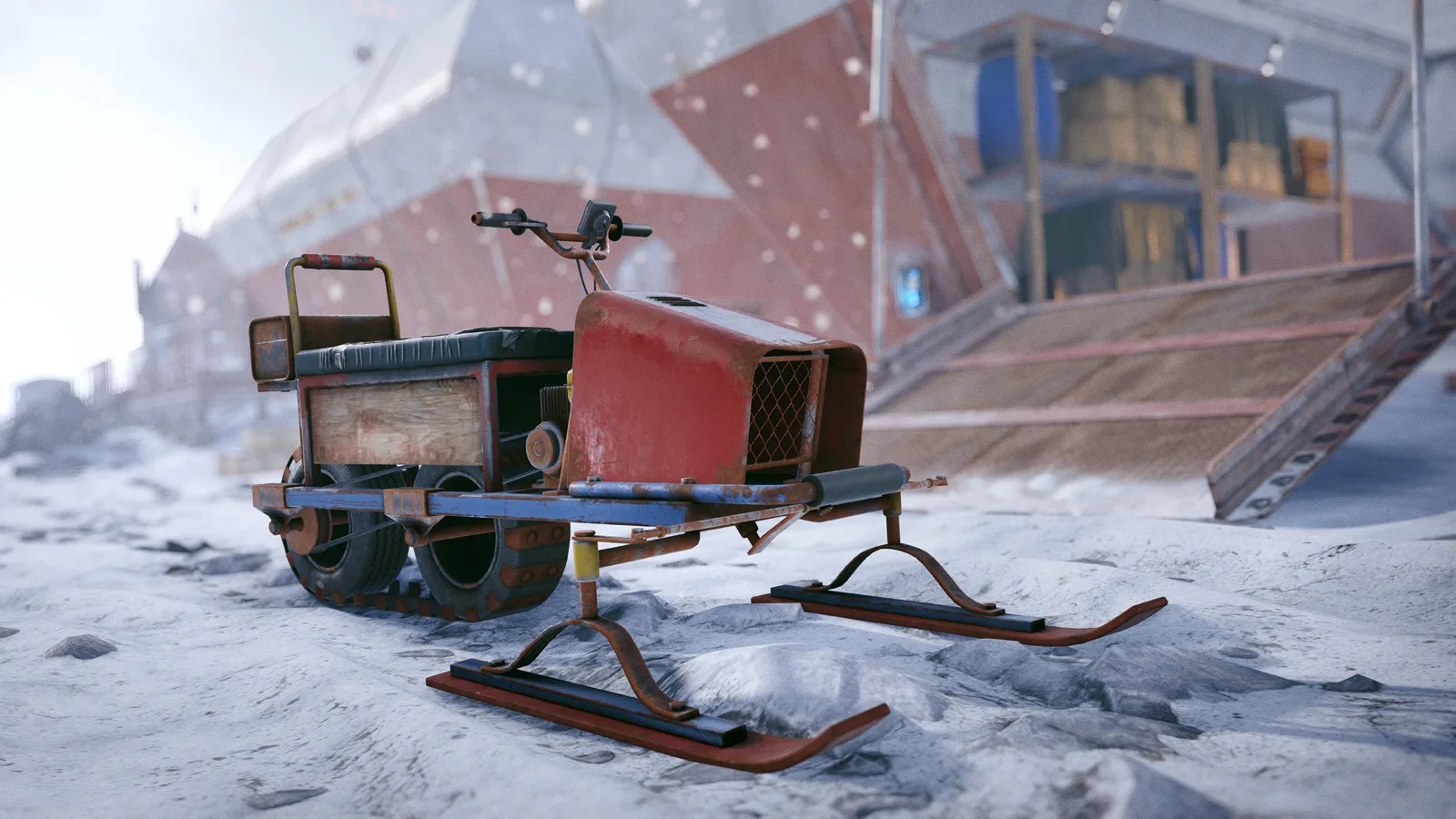 A snowmobile parked at the Arctic Research Base