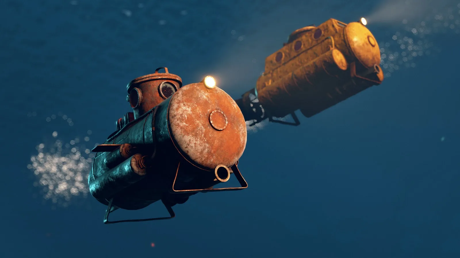 Solo and duo submarines underwater with headlights on