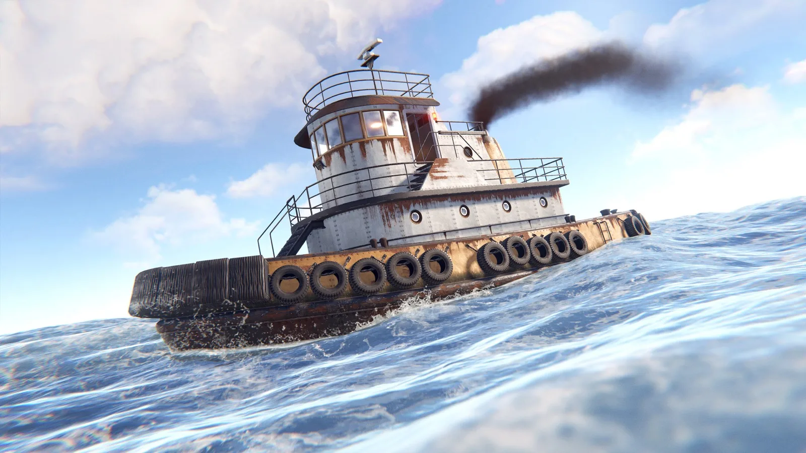 A tugboat steaming through ocean swell